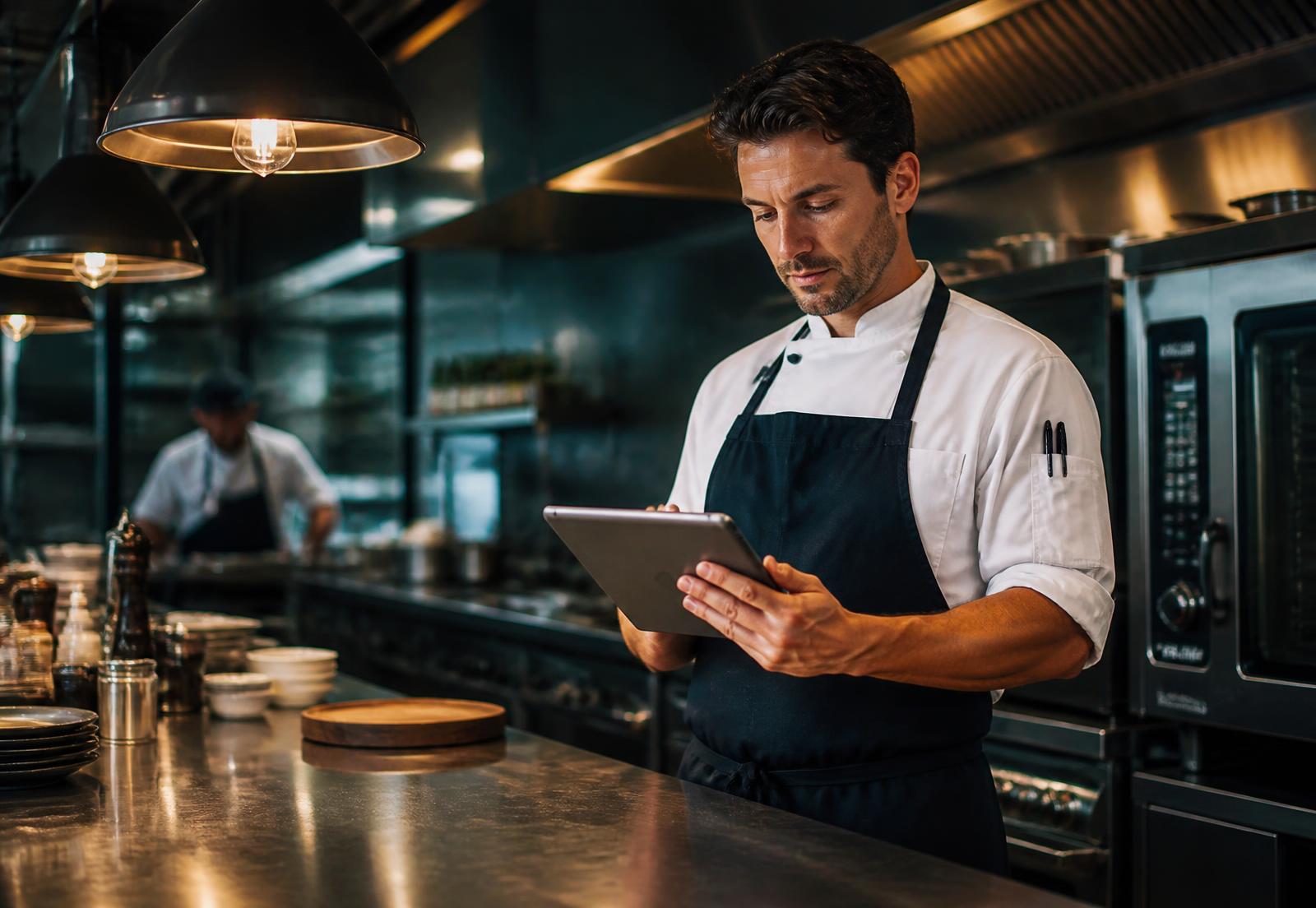 Chef conferindo checklist digital em tablet dentro da cozinha do restaurante